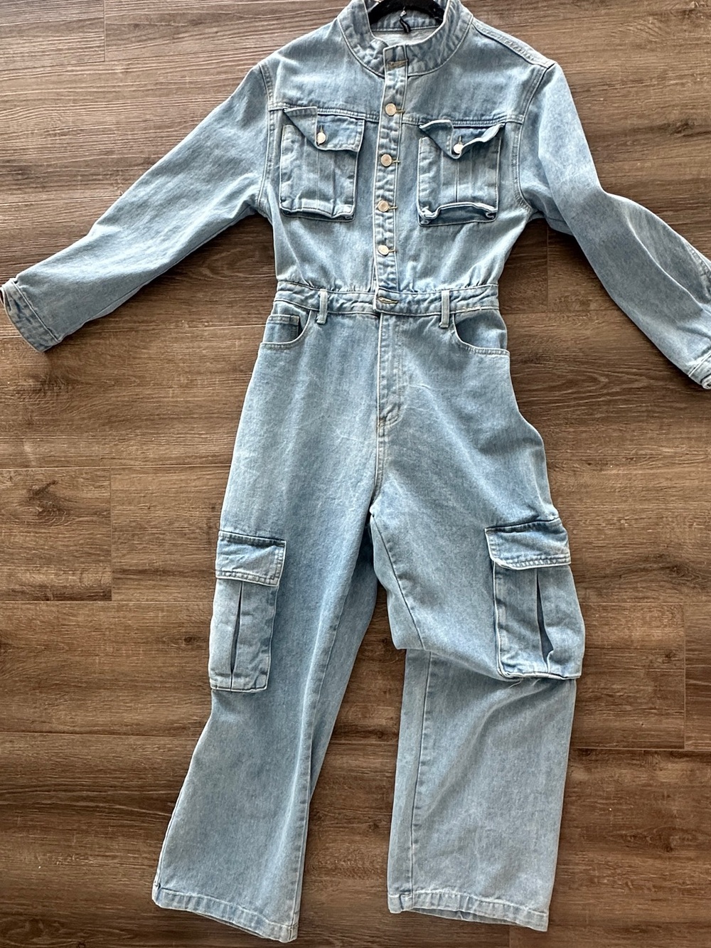 PrettyLittleThing Light Blue Denim Cargo Jumpsuit